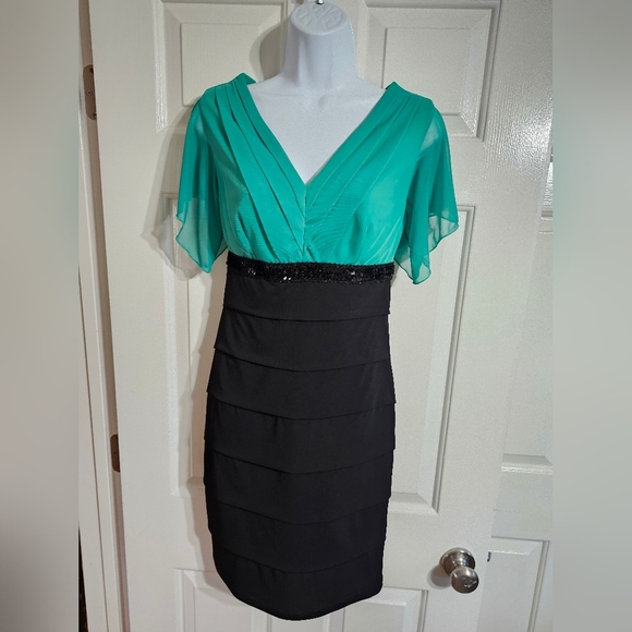 En Focus Studio Green Black Tiered Sheath Dress Sz 4 Sequin Waist Cocktail VTG - Picture 2 of 6